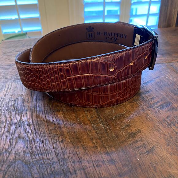 H. HALPERN ESQ Brown Snake Stamped Leather Belt Adjustable Mens Sz 40 - Picture 5 of 9